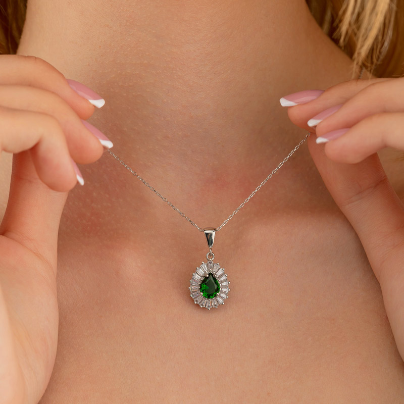 Diamond Mount Emerald Drop Cut Sterling Silver Necklace - Thumbnail
