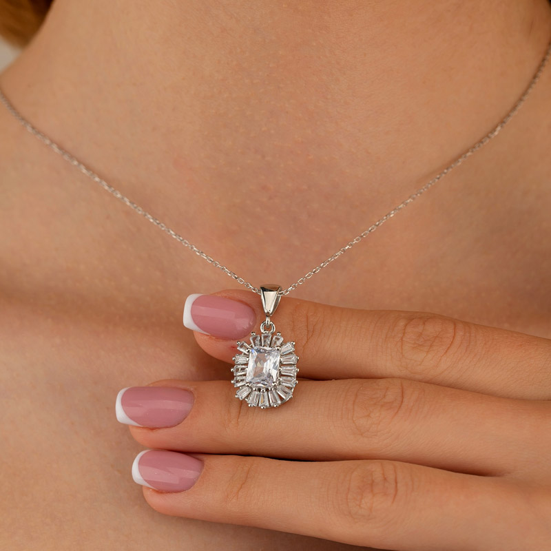 Gümüş Pazarım - Diamond Mounted Rectangle Stone Sterling Silver Necklace (1)