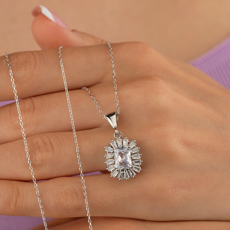 Gümüş Pazarım - Diamond Mounted Rectangle Stone Sterling Silver Necklace