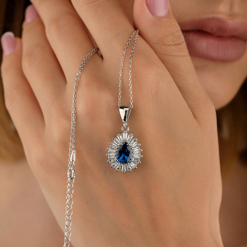 Diamond Mounted Sapphire Drop Cut Sterling Silver Necklace - Thumbnail