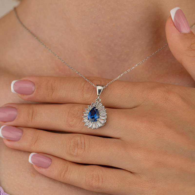 Diamond Mounted Sapphire Drop Cut Sterling Silver Necklace - Thumbnail