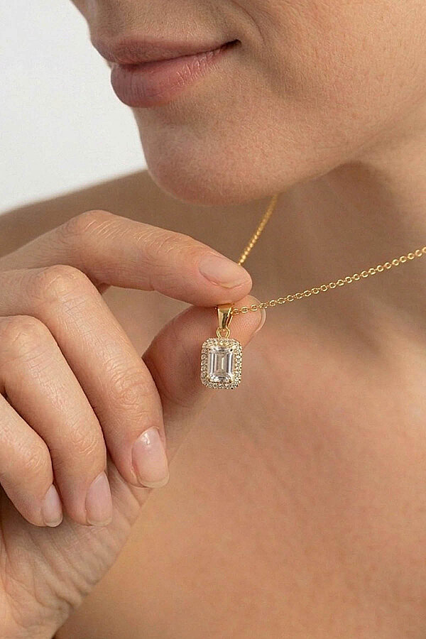 Dikdörtgen Kesim Altın Kaplama Baget Gümüş Kolye - Gümüş Pazarım