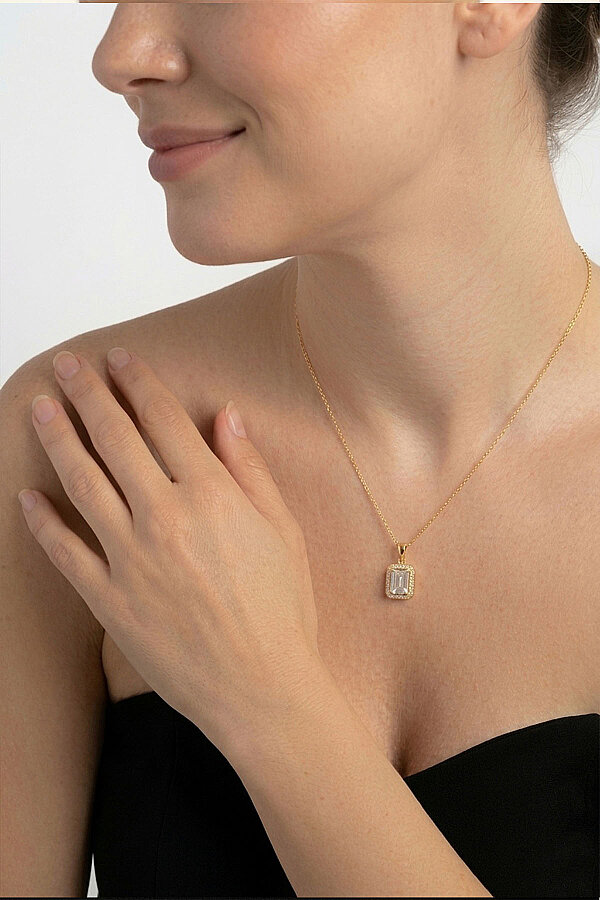 Dikdörtgen Kesim Altın Kaplama Baget Gümüş Kolye - Gümüş Pazarım