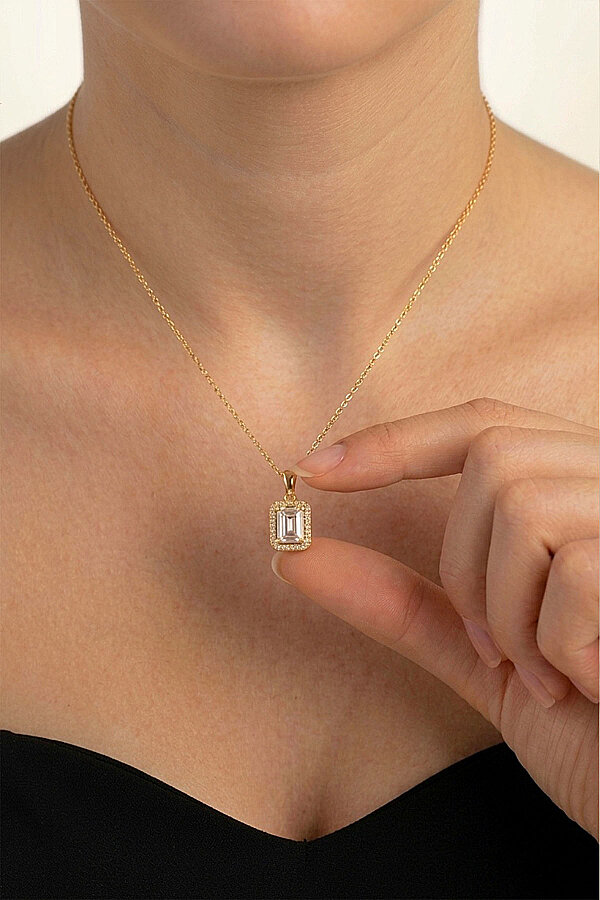 Dikdörtgen Kesim Altın Kaplama Baget Gümüş Kolye - Gümüş Pazarım