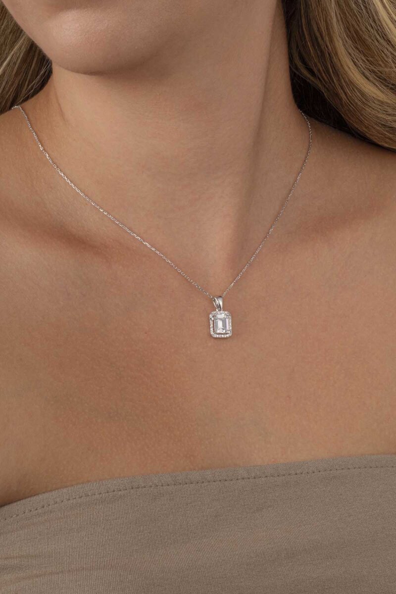 Dikdörtgen Taşlı Baget Taşlı Gümüş Kolye - 2