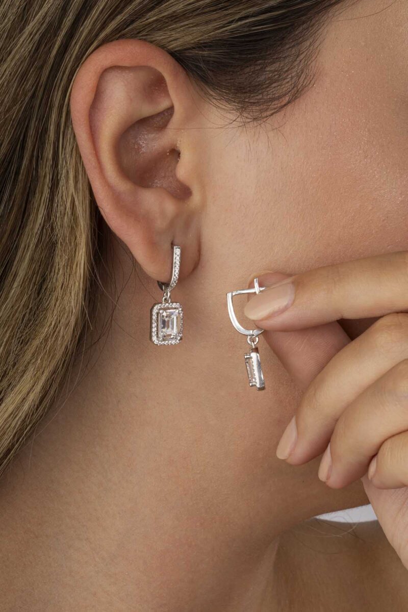 Dikdörtgen Taşlı Baget Taşlı Gümüş Küpe - 2