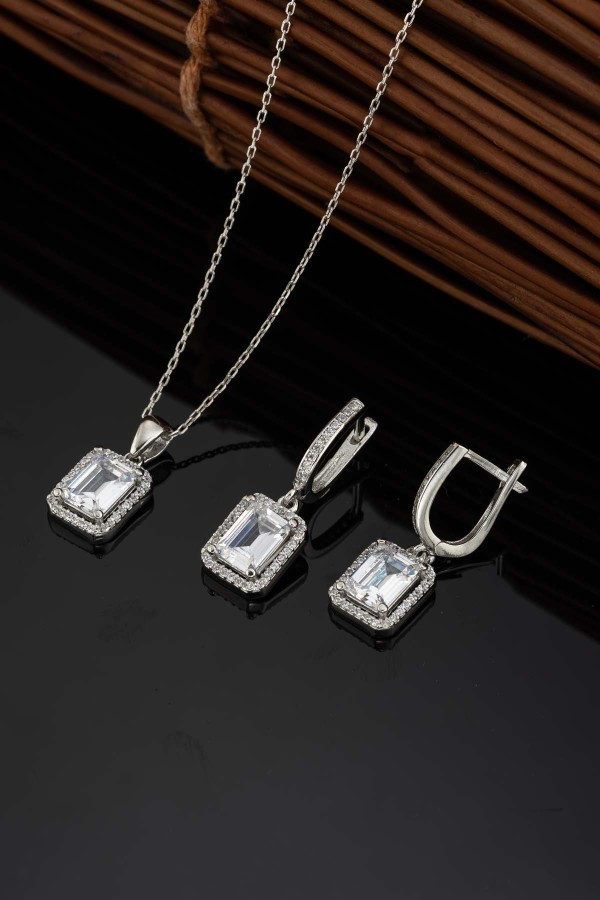 Dikdörtgen Taşlı Baget Taşlı Gümüş Set - Gümüş Pazarım