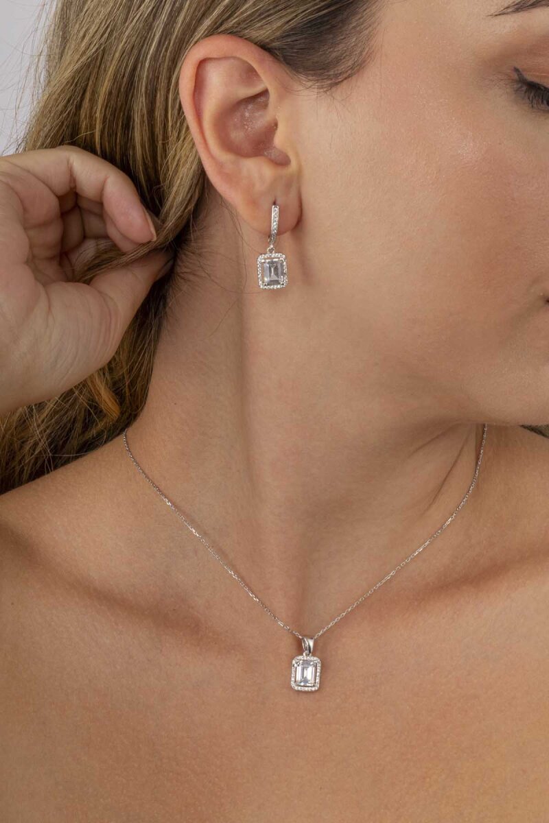 Dikdörtgen Taşlı Baget Taşlı Gümüş Set - 1