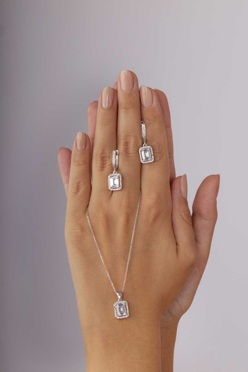 Dikdörtgen Taşlı Baget Taşlı Gümüş Set - 3