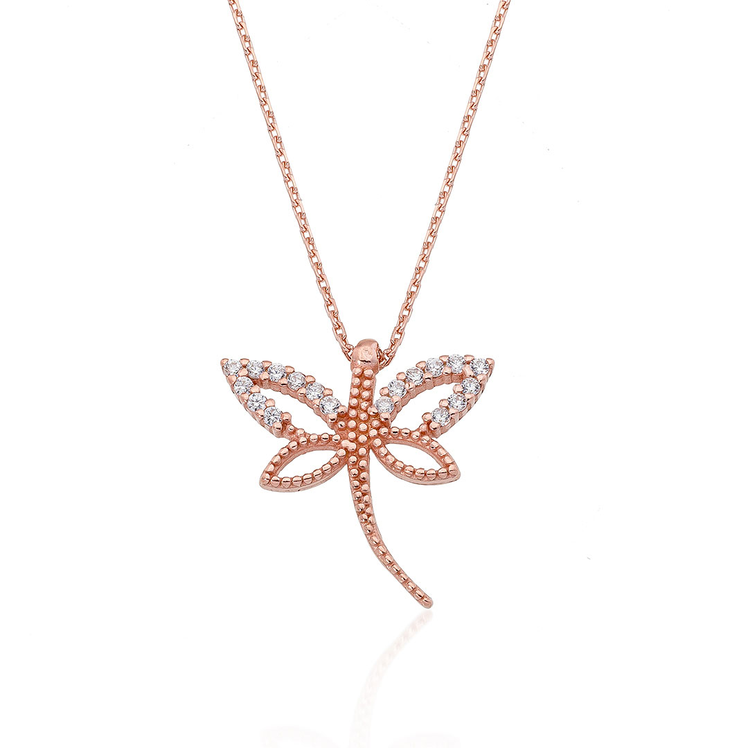Gümüş Pazarım - Dragonfly Motif Rose Silver Necklace