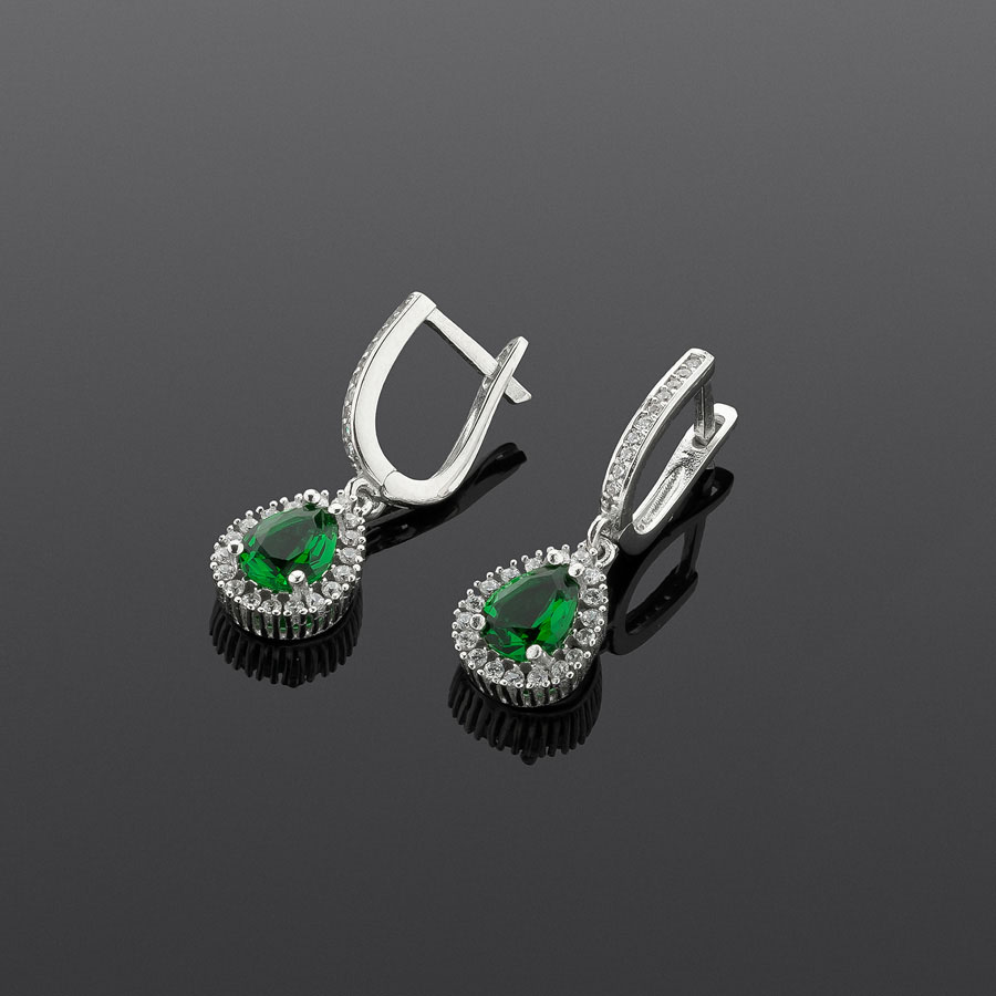 Drop Cut Emerald Silver Earrings