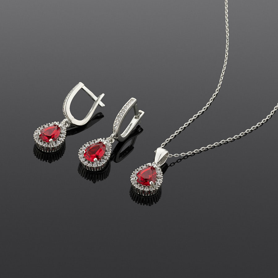 Gümüş Pazarım - Drop Cut Ruby Silver Necklace Earrings