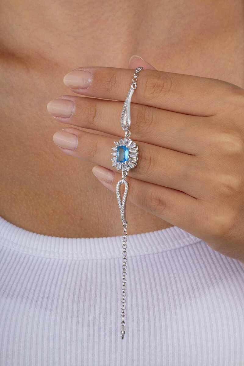 Elmas Montür Aqua Renk Dikdörtgen Taşlı Gümüş Bileklik - 3