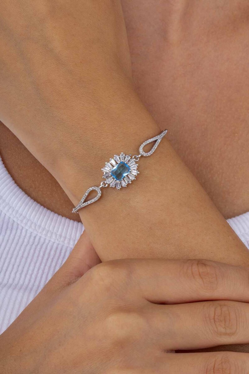 Elmas Montür Aqua Renk Dikdörtgen Taşlı Gümüş Bileklik - 1