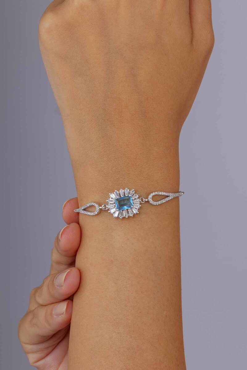 Elmas Montür Aqua Renk Dikdörtgen Taşlı Gümüş Bileklik - 2