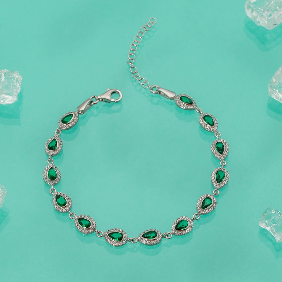 Gümüş Pazarım - Emerald Color Drop Cut Waterway Women's Silver Bracelet