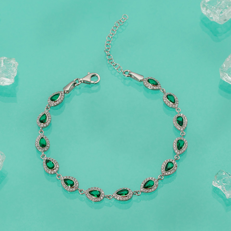 Emerald Color Drop Cut Waterway Women's Silver Bracelet