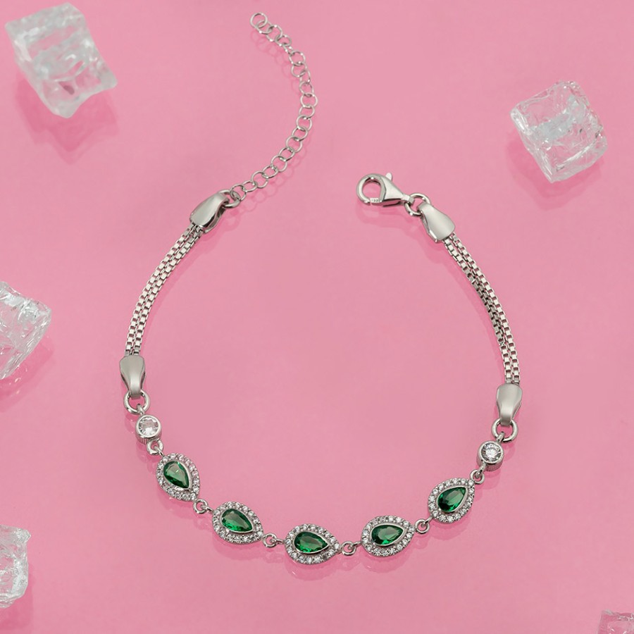 Gümüş Pazarım - Emerald Color Drop Cut Women's Silver Bracelet