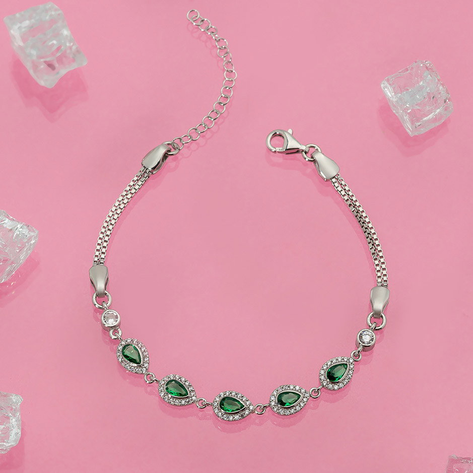 Emerald Color Drop Cut Women's Silver Bracelet