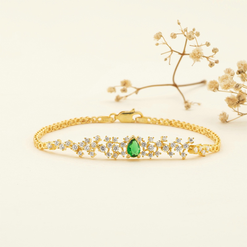 Emerald Color Gold Plated Water Drop Sterling Silver Bracelet - Thumbnail