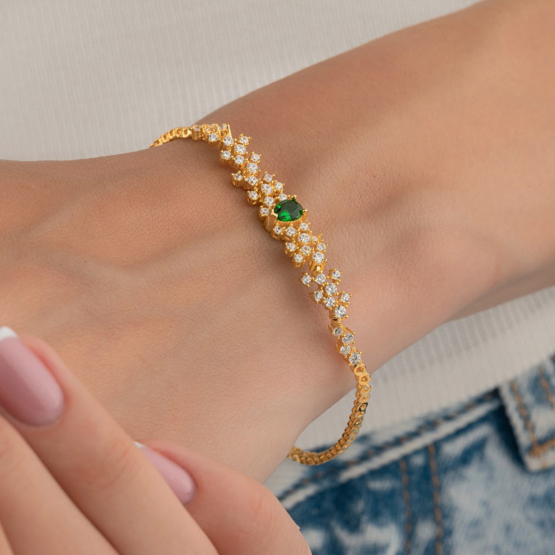 Emerald Color Gold Plated Water Drop Sterling Silver Bracelet - Thumbnail