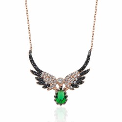 Gümüş Pazarım - Emerald Stone Angel Wing Motif Silver Necklace