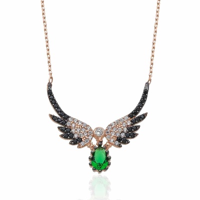 Emerald Stone Angel Wing Motif Silver Necklace