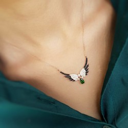 Emerald Stone Angel Wing Motif Silver Necklace - Thumbnail