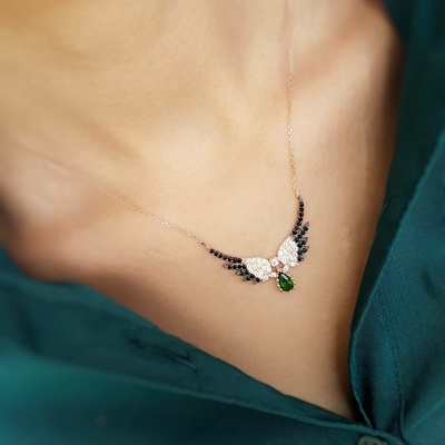 Emerald Stone Angel Wing Motif Silver Necklace