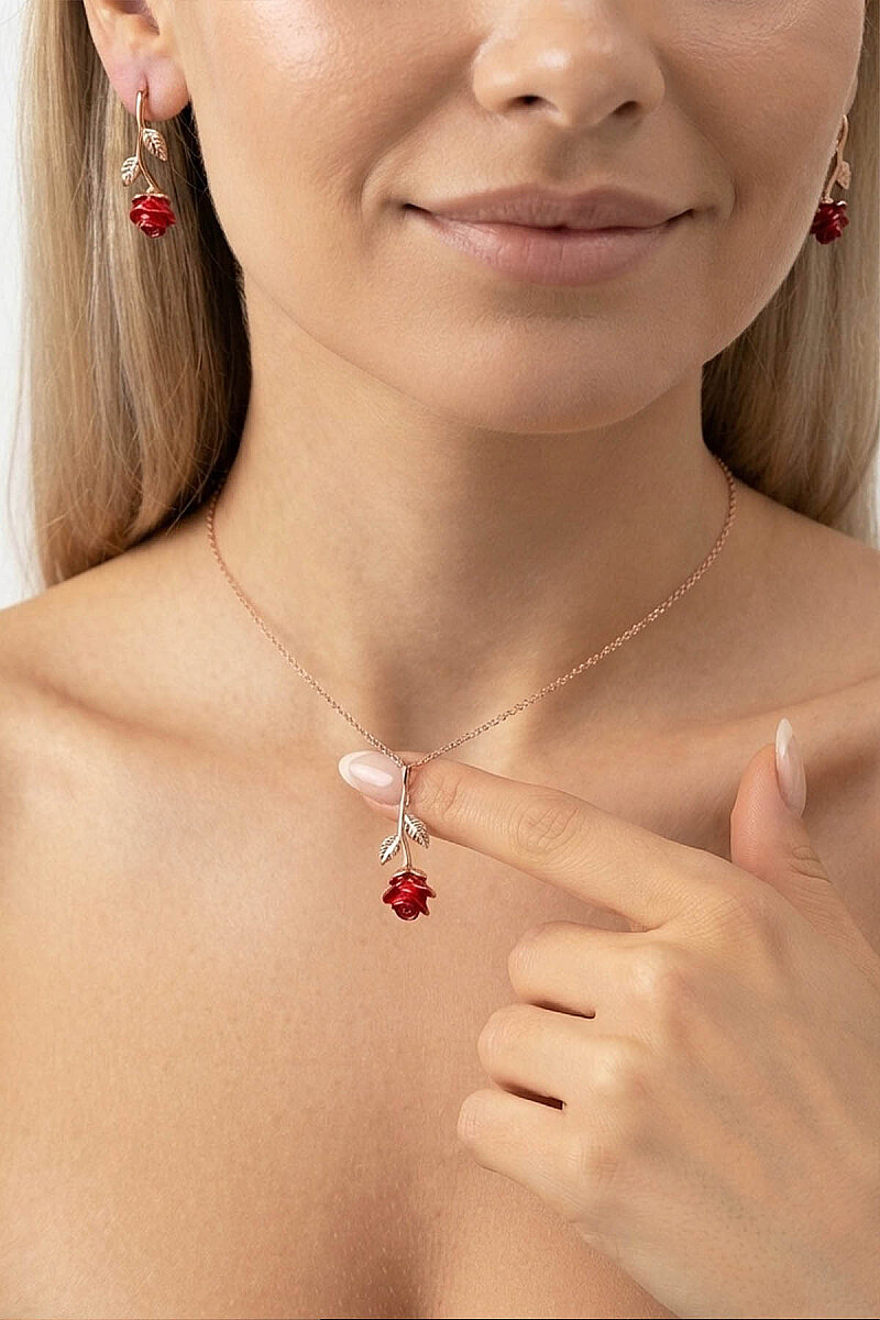 En Romantik Hediye: Kırmızı Gül 925 Ayar Gümüş Kolye Küpe Bileklik Yüzük Seti - 2