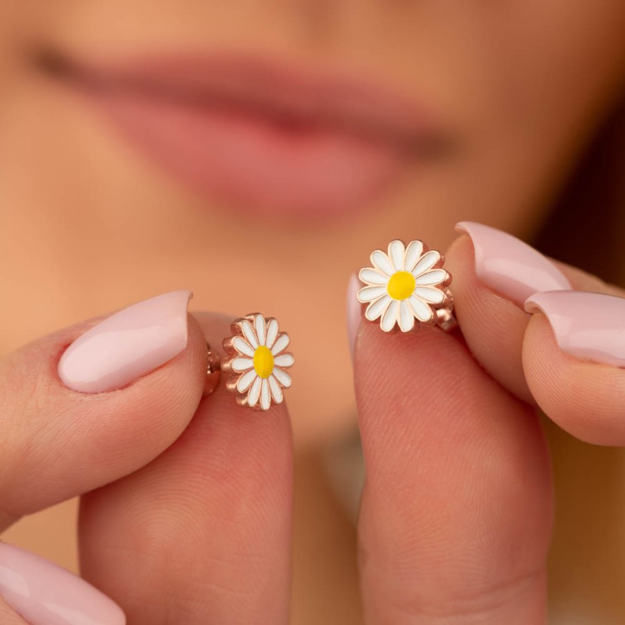 Enamel Daisy Patterned Silver Earrings - Thumbnail