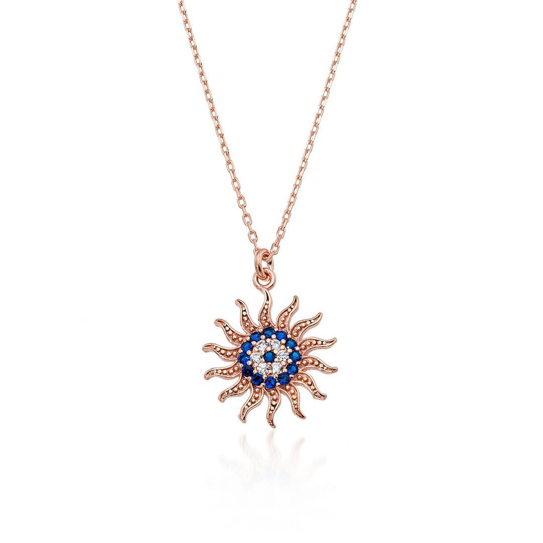 Evil Eye Bead Embroidered Sun motif Silver Necklace - Thumbnail