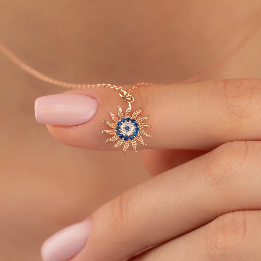 Evil Eye Bead Embroidered Sun motif Silver Necklace - Thumbnail