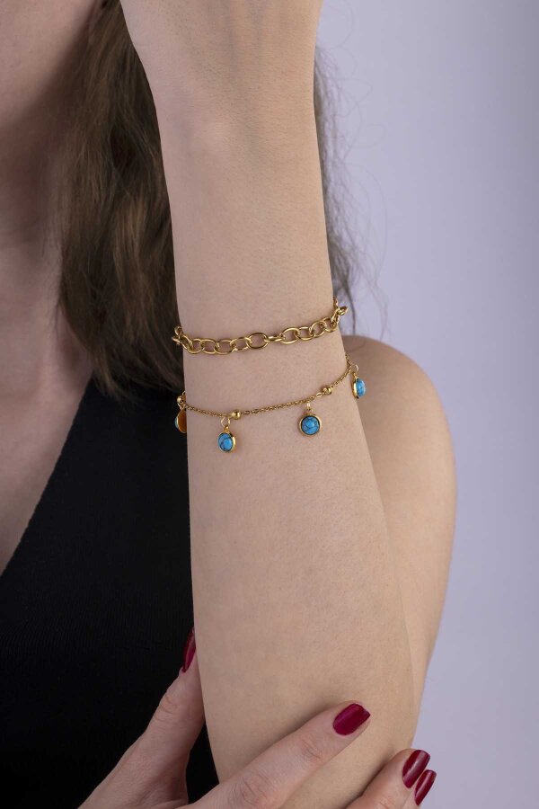 Firuze Taşlı Çift Zincir Altın Kaplama Çelik Kadın Bileklik - Gümüş Pazarım