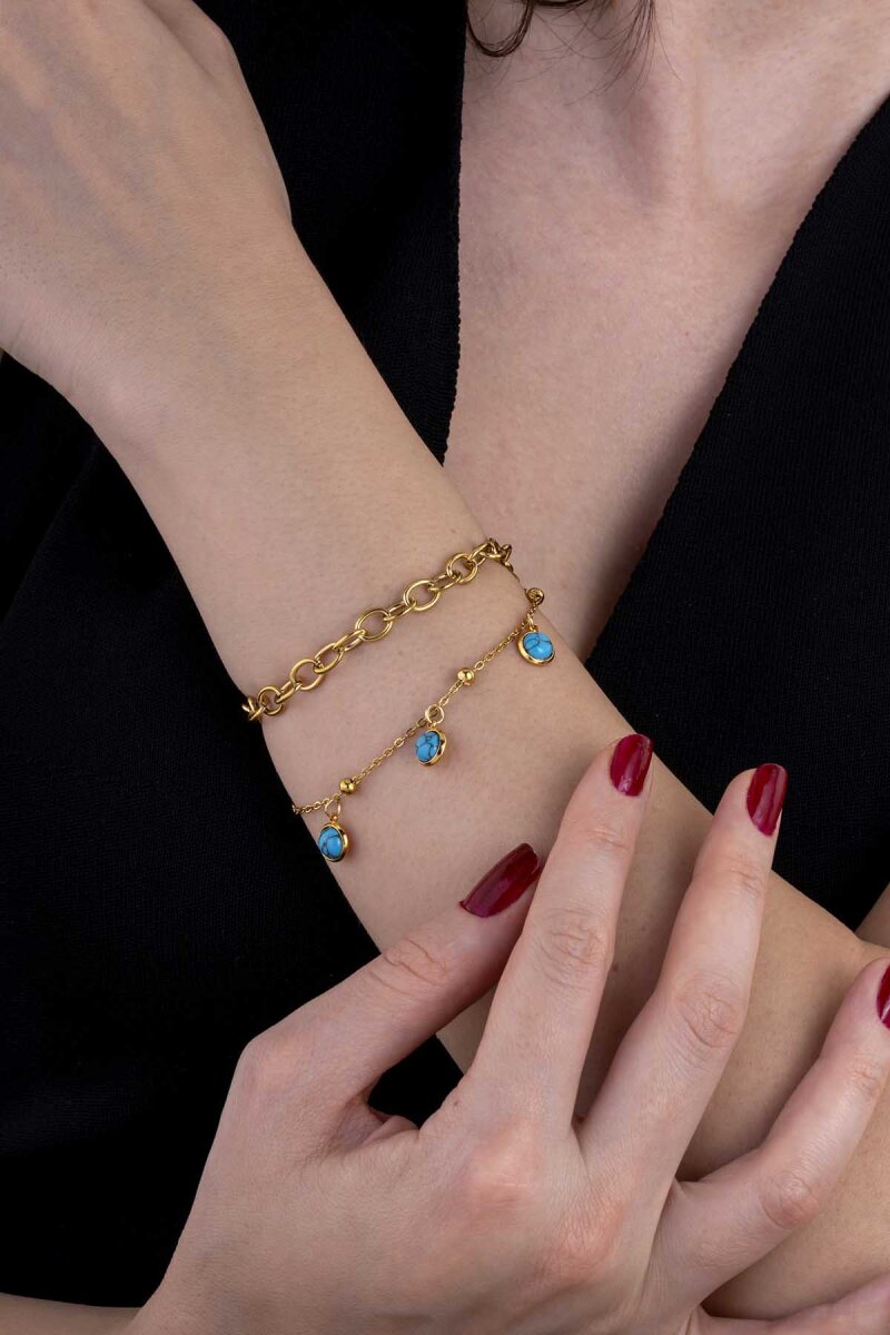 Firuze Taşlı Çift Zincir Altın Kaplama Çelik Kadın Bileklik - 1