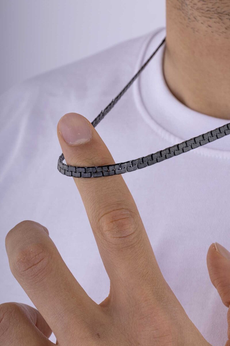 Geçmeli Kare Zincir Siyah Erkek Çelik Zincir - 1