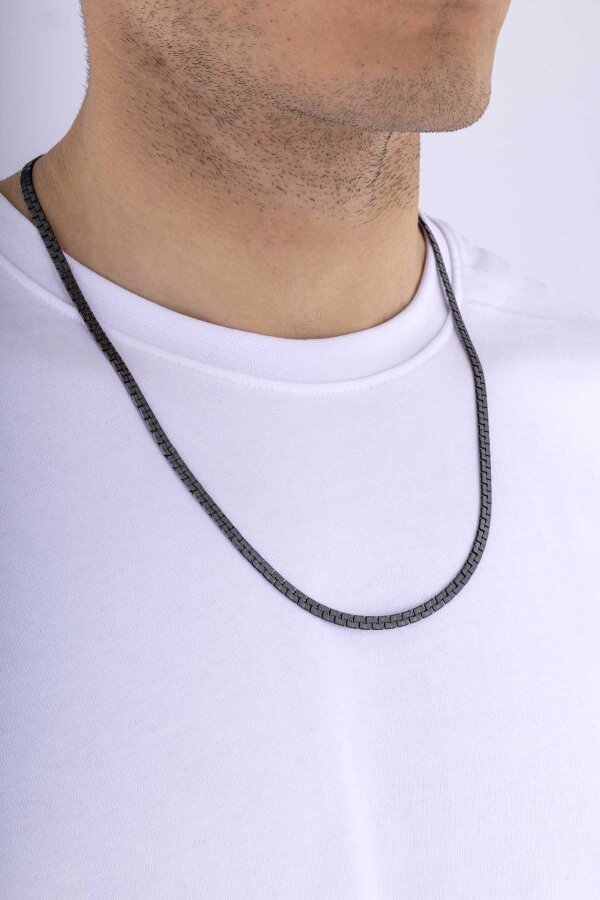 Geçmeli Kare Zincir Siyah Erkek Çelik Zincir - Gümüş Pazarım