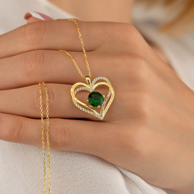 Gold Plated Heart Sterling Silver Necklace with Emerald Stone - Thumbnail
