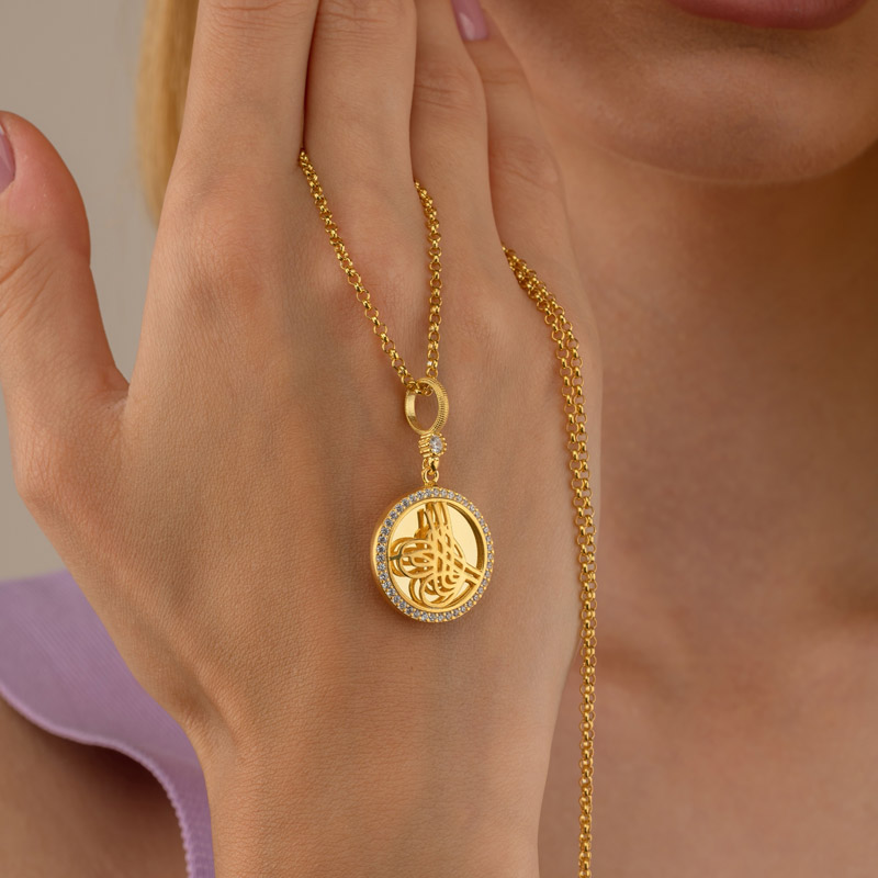 Gold Plated Ottoman Monogram Silver Necklace - Thumbnail