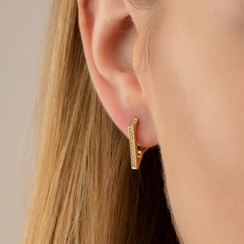 Gümüş Pazarım - Gold Plated Single Row Stone Silver J Earrings