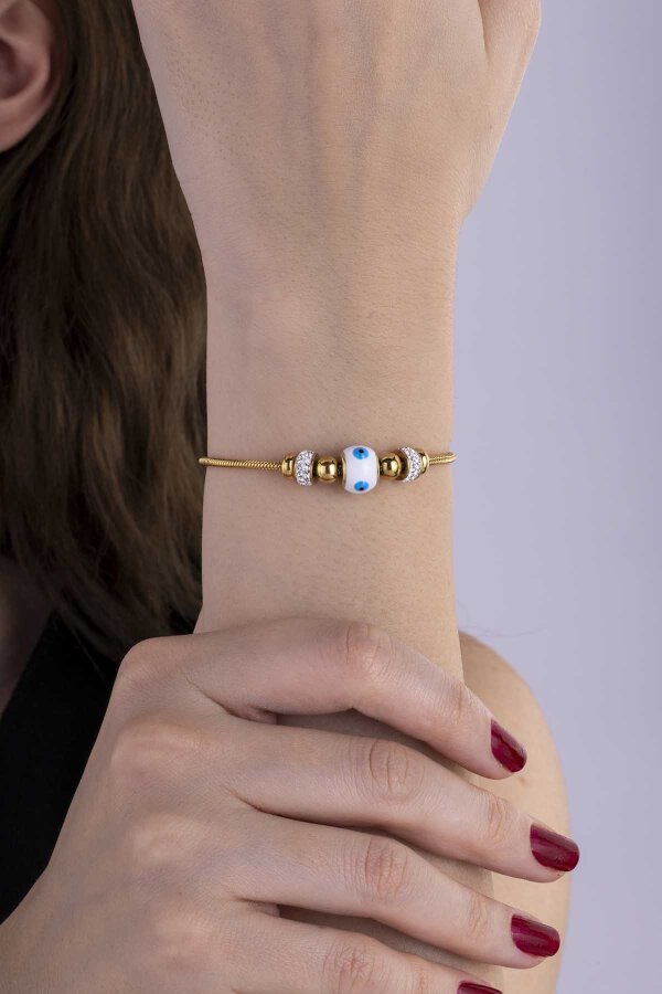 Göz İşlemeli Silindir Model Altın Kaplama Çelik Kadın Bileklik - Gümüş Pazarım