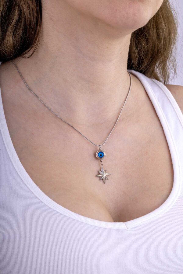 Göz Motifli Kutup Yıldızı Çelik Kadın Kolye - Gümüş Pazarım