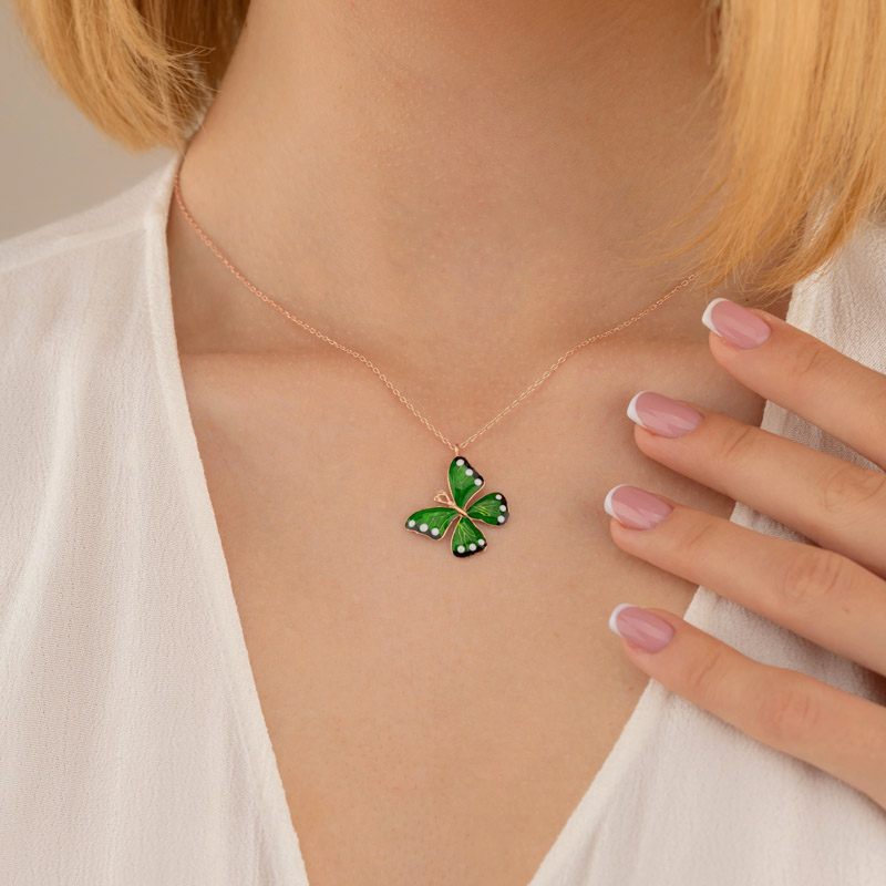 Gümüş Pazarım - Green Color Spotted Butterfly Sterling Silver Necklace (1)