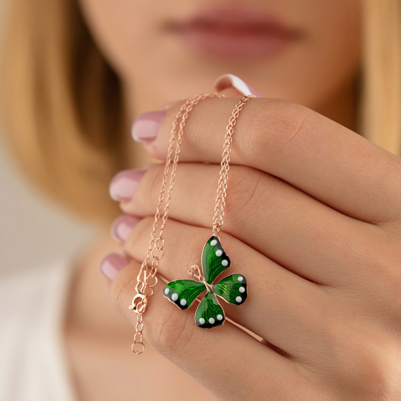 Gümüş Pazarım - Green Color Spotted Butterfly Sterling Silver Necklace