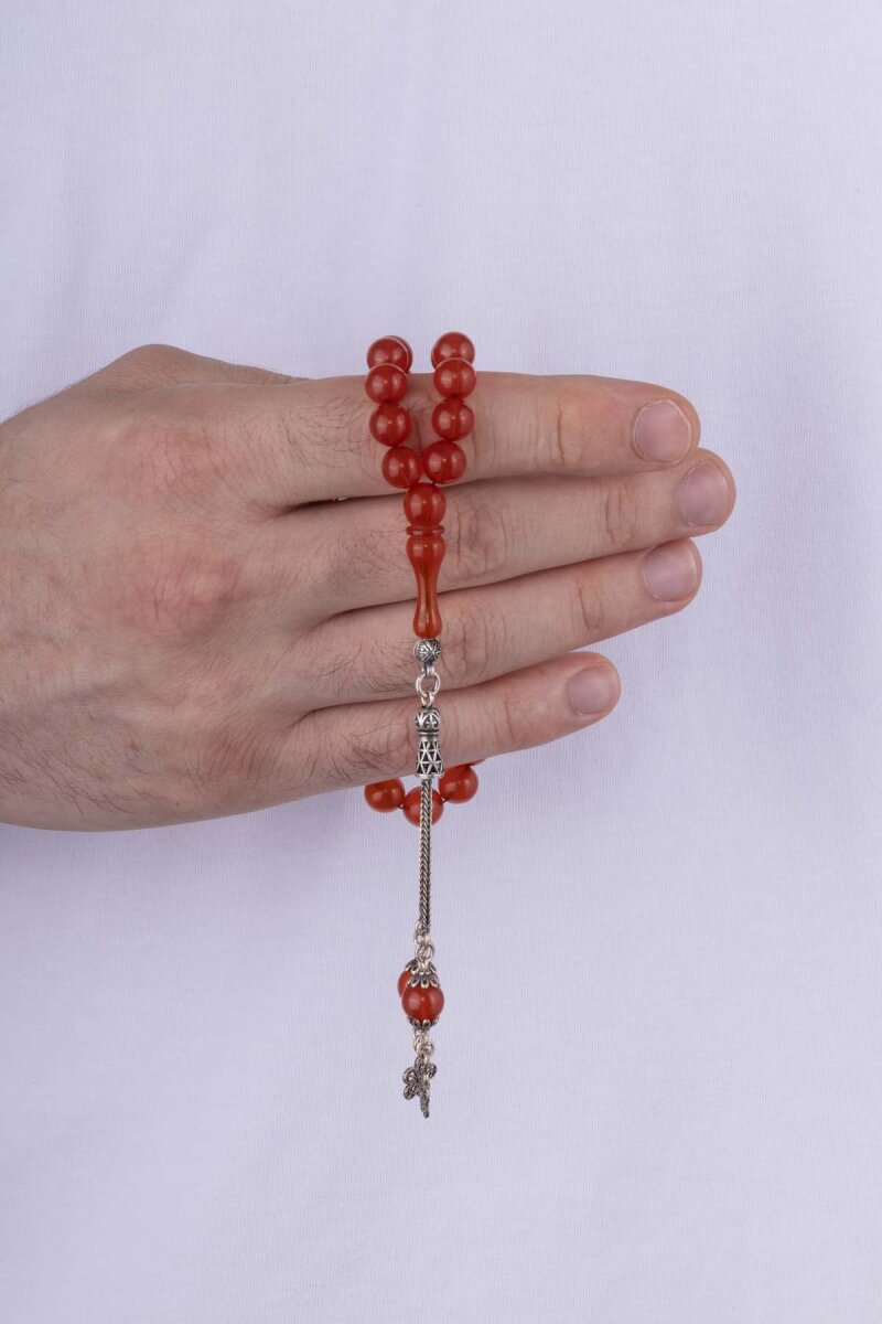 Gümüş Püsküllü Yuvarlak Kesim Ateş Kehribar Tesbih - 2