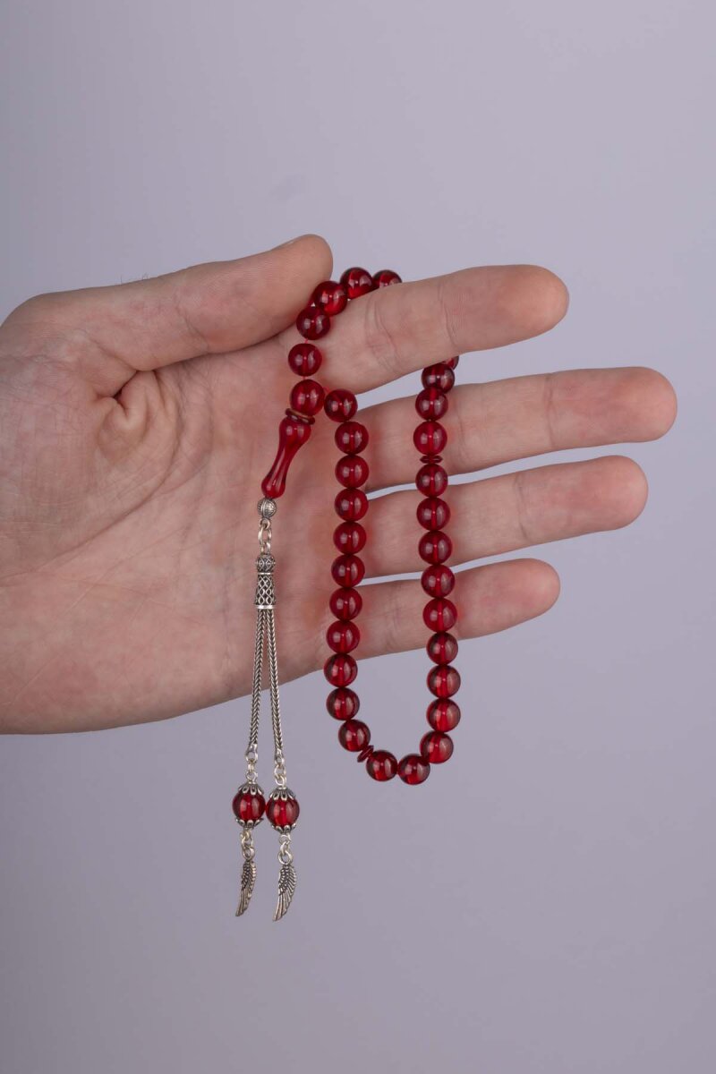 Gümüş Püsküllü Yuvarlak Kesim Ateş Kehribar Tesbih Kırmızı Taşlı - 1