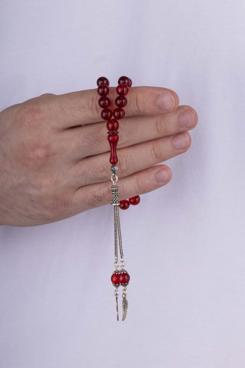 Gümüş Püsküllü Yuvarlak Kesim Ateş Kehribar Tesbih Kırmızı Taşlı - 2