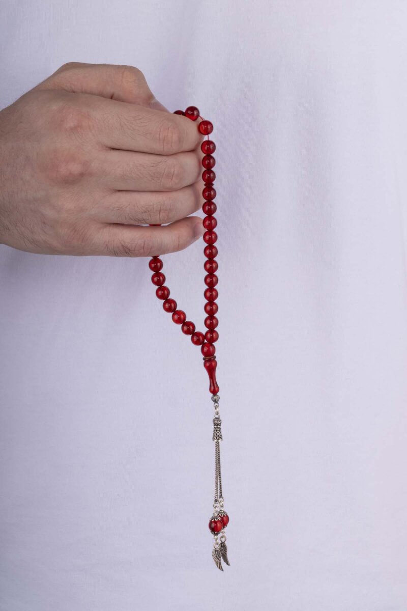 Gümüş Püsküllü Yuvarlak Kesim Ateş Kehribar Tesbih Kırmızı Taşlı - 3