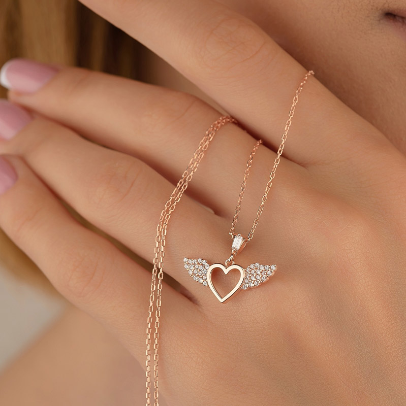 Gümüş Pazarım - Heart Angel Wing Sterling Silver Necklace