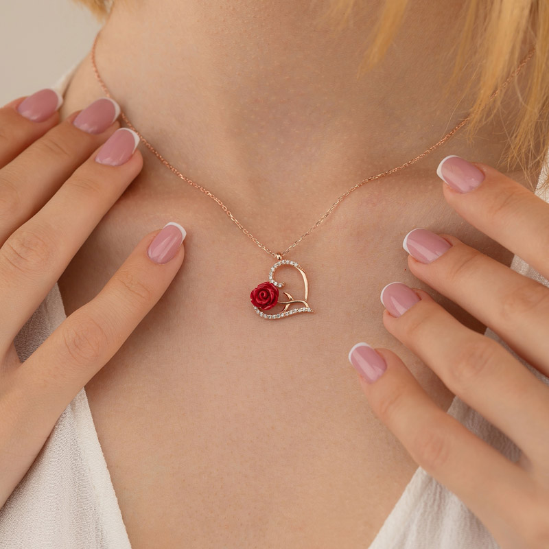 Gümüş Pazarım - Heart Motif Red Rose Sterling Silver Necklace